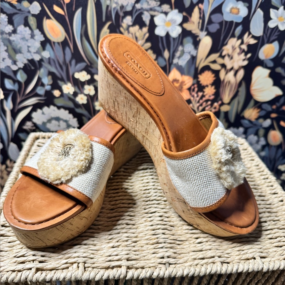 Coach Jazmin Cork Wedge Sandal size 9.5B Cream Brown